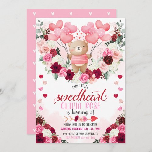 Little Sweetheart Pink Bear Valentines Birthday Invitation