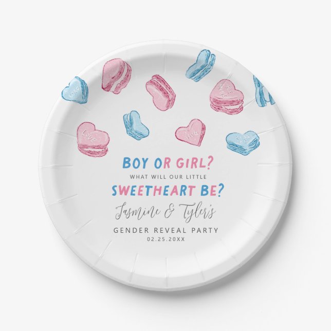 Little Sweetheart Pink & Blue Heart Gender Reveal Paper Plates (Front)