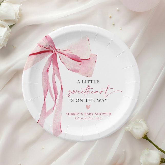 Little Sweetheart Pink Bow Valentine's Baby Shower Paper Plates (Creator Uploaded)