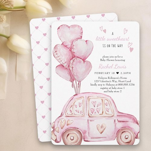 Little Sweetheart Pink Car and Balloon Baby Shower Invitation