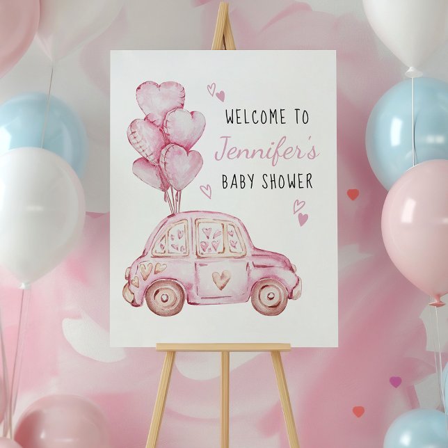 Little Sweetheart Pink Car and Balloons Welcome Poster (Sweetheart themed baby shower welcome sign with pink car and balloons by Darling & May)