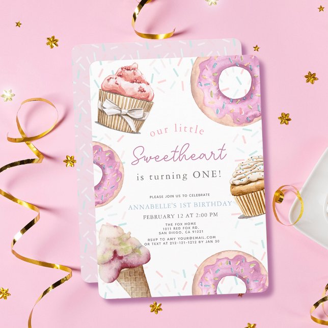 Little Sweetheart Pink Cupcake Donut 1st Birthday Invitation (Creator Uploaded)