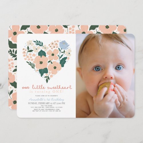 Little Sweetheart Pink Floral 1st Birthday Photo Invitation