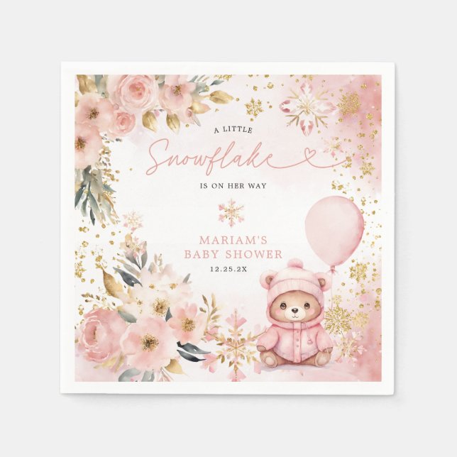 Little Sweetheart Pink Floral Bear Baby Shower  Napkins (Front)