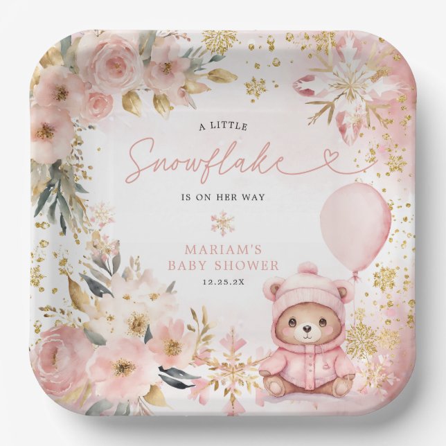 Little Sweetheart Pink Floral Bear Baby Shower  Paper Plates (Front)