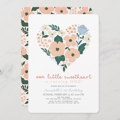 Little Sweetheart Pink Floral Girl 1st Birthday Invitation