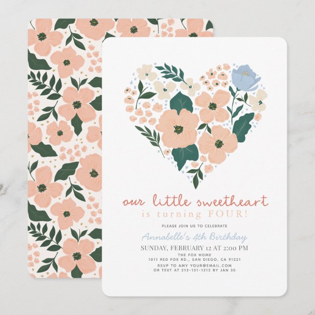 Little Sweetheart Pink Floral Girl Birthday Invitation (Front/Back)