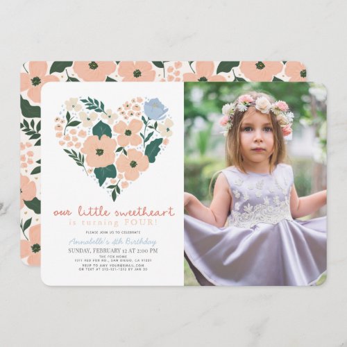 Little Sweetheart Pink Floral Girl Birthday Photo Invitation