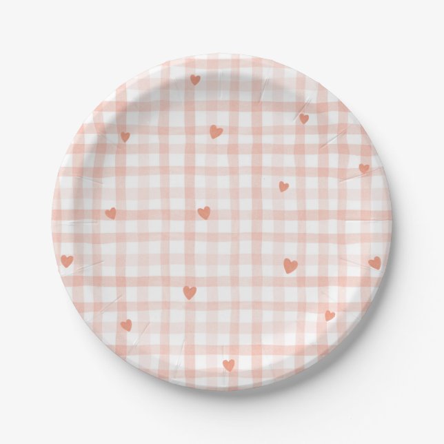 Little Sweetheart Pink Gingham Valentines Paper Plates (Front)