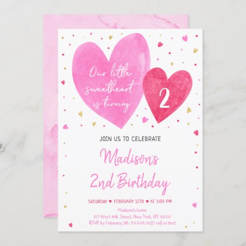 Little Sweetheart Pink Gold Hearts Birthday Invitation