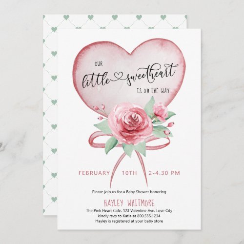 Little Sweetheart Pink Heart and Roses Baby Shower Invitation