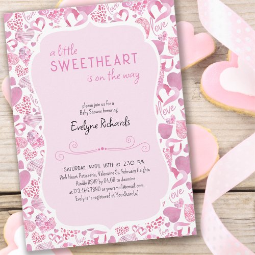 Little Sweetheart Pink Love Heart Girl Baby Shower Invitation