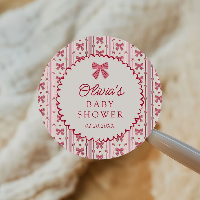 Little Sweetheart Pink Red Bow Baby Shower Classic Round Sticker (Creator Uploaded)
