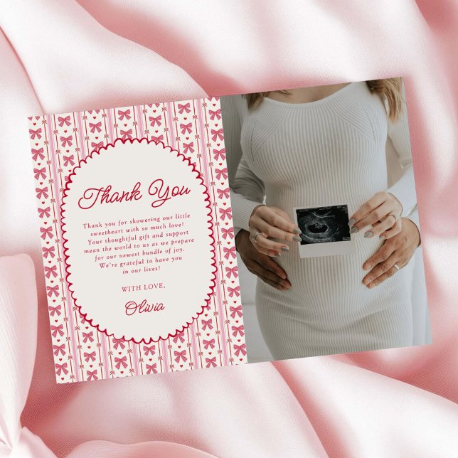 Little Sweetheart Pink Red Bow Baby Shower Photo Thank You Card (Creator Uploaded)