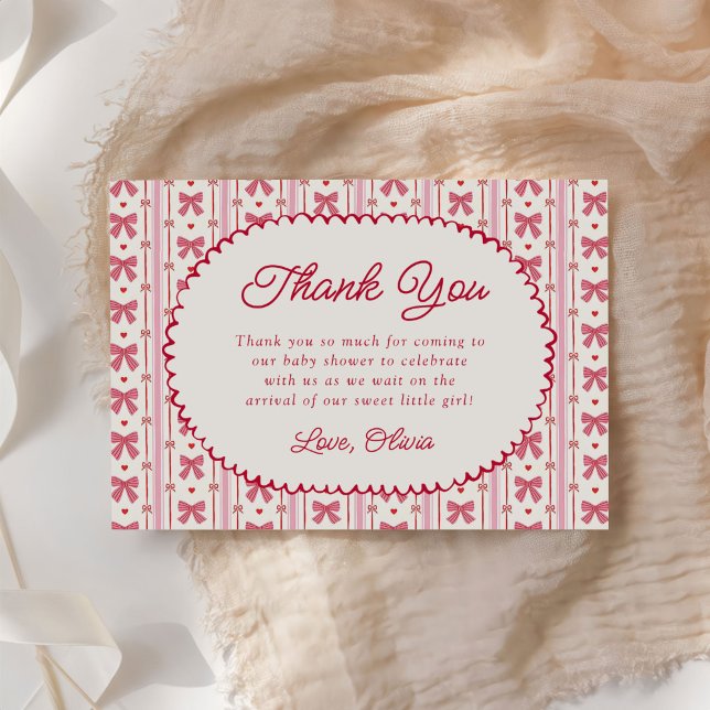 Little Sweetheart Pink Red Bow Baby Shower Thank You Card (Creator Uploaded)