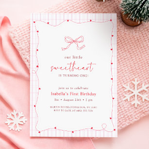 Little Sweetheart Pink Red Bow Heart 1st Birthday Invitation