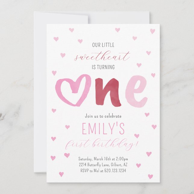 Little Sweetheart Pink Red Hearts 1st Birthday Invitation (Front)