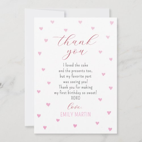 Little Sweetheart Pink Red Hearts 1st Birthday Thank You Card