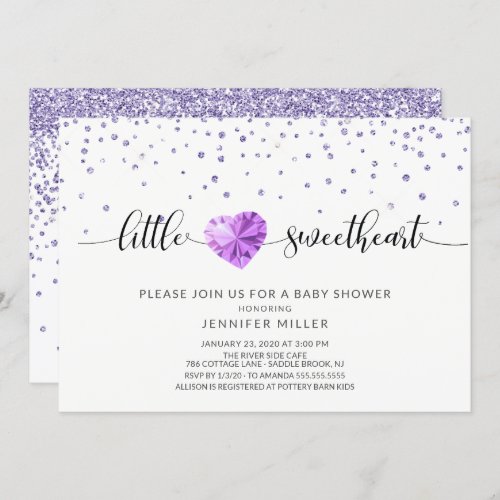 Little Sweetheart Purple Heart Girls Baby Shower Invitation