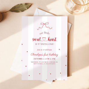 Little Sweetheart Red Bow Ribbon First Birthday Invitation