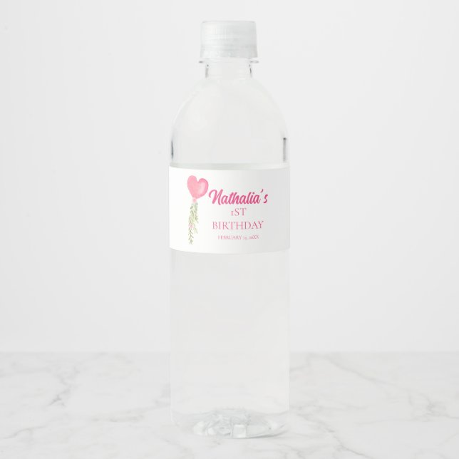 Little Sweetheart Red Heart Balloon Birthday  Water Bottle Label (Front)