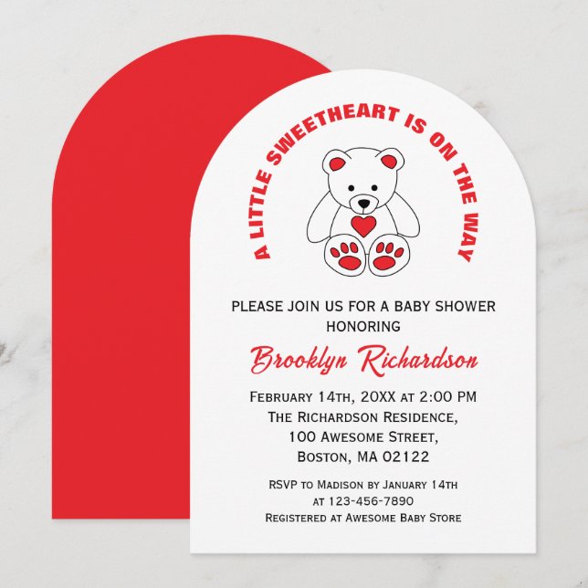 Little Sweetheart Red White Teddy Bear Baby Shower Invitation (Front/Back)