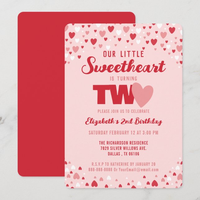 Little Sweetheart Turning Two 2nd Birthday Party Invitation (Front/Back)