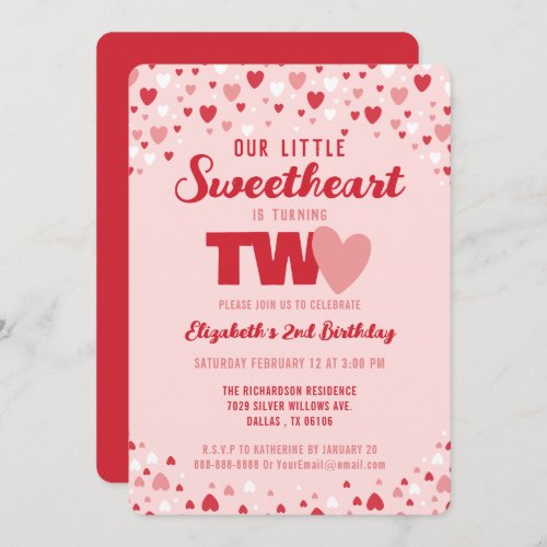 Little Sweetheart Turning Two 2nd Birthday Party Invitation