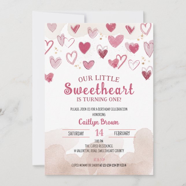 Little Sweetheart turns ONE, Valentine Birthday Invitation (Front)