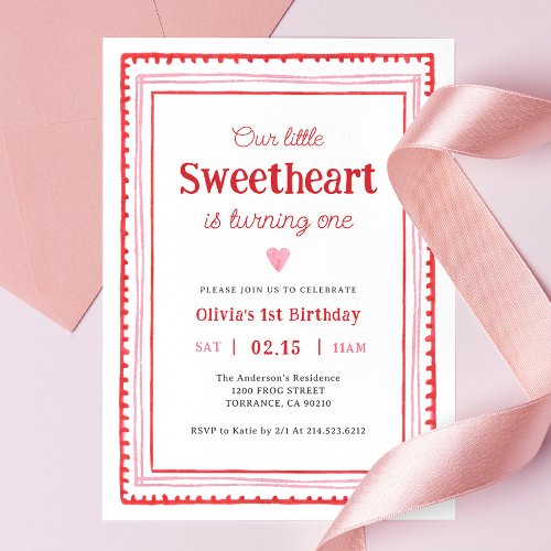 Little Sweetheart Valentine 1st Birthday Party Invitation