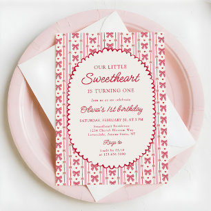 Little Sweetheart Valentine Bow 1st Birthday Invitation