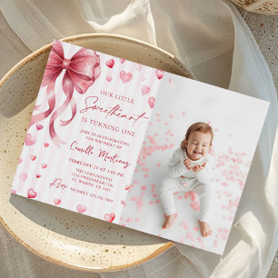 Little Sweetheart Valentine Bow 1st Birthday Photo Invitation