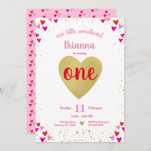Little Sweetheart Valentine Hearts First Birthday Invitation