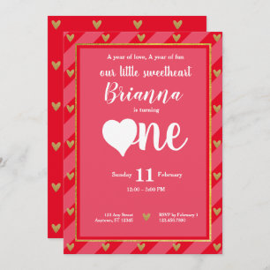 Little Sweetheart Valentine Hearts First Birthday Invitation