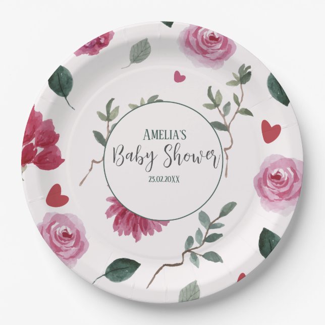Little sweetheart valentine pink & red baby shower paper plates (Front)
