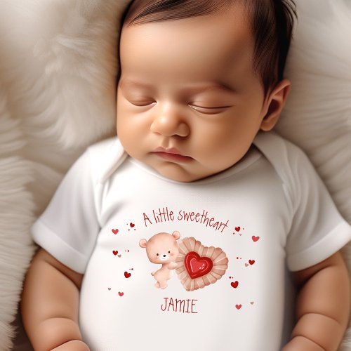 Little Sweetheart Valentines Baby Bear Name Baby Bodysuit