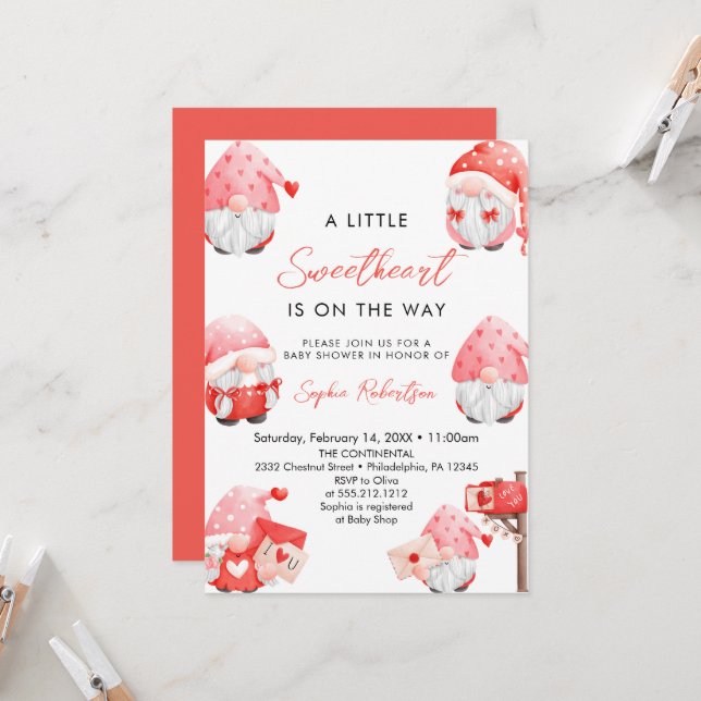 Little Sweetheart Valentine's  gnome Baby Shower Invitation (Front/Back In Situ)