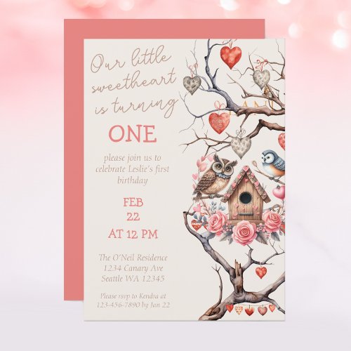 Little Sweetheart Woodland Bird First Birthday  Invitation