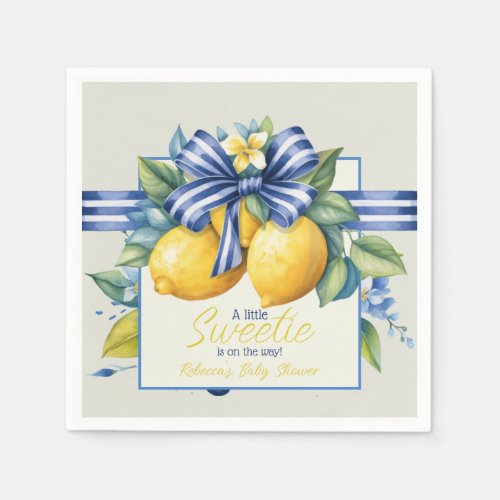 Little Sweetie Blue Bow Tile Lemon Baby Shower Napkins