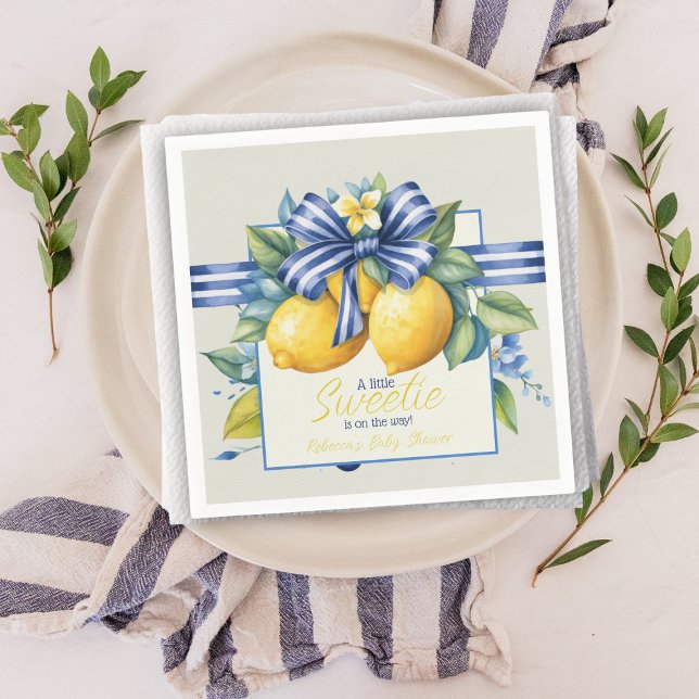 Little Sweetie Blue Bow Tile Lemon Baby Shower Napkins (Creator Uploaded)