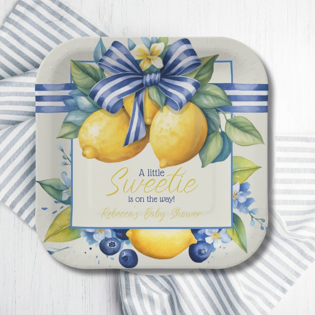 Little Sweetie Blue Bow Tile Lemon Baby Shower Paper Plates (Creator Uploaded)