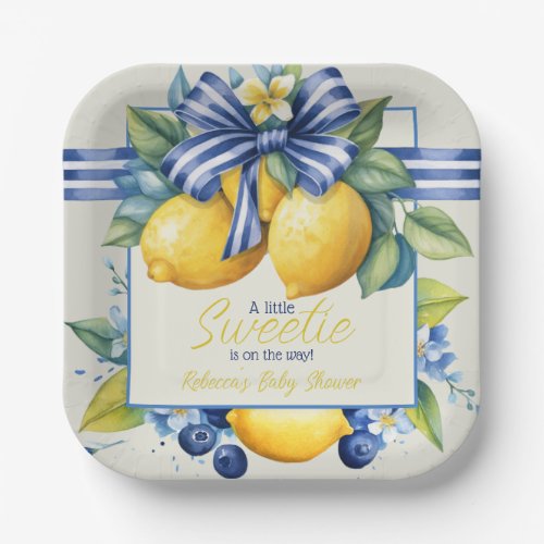 Little Sweetie Blue Bow Tile Lemon Baby Shower Paper Plates