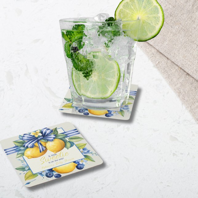 Little Sweetie Blue Bow Tile Lemon Baby Shower Square Paper Coaster (Creator Uploaded)