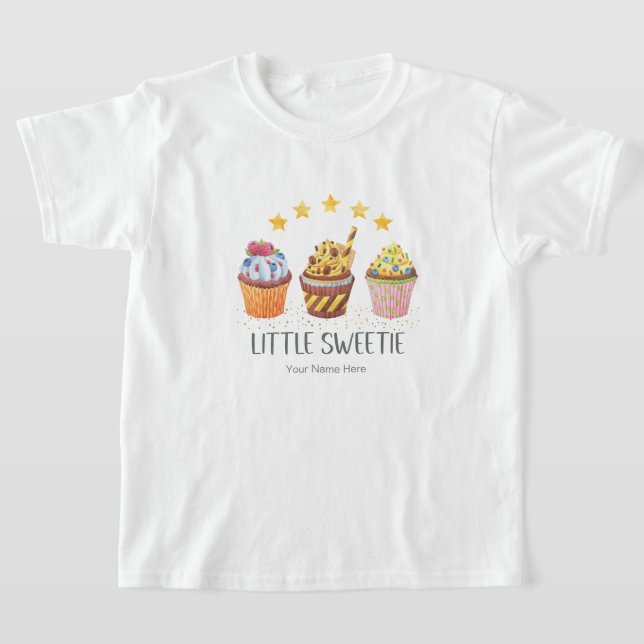 Little Sweetie Bright Colors Watercolor Cupcakes T-Shirt (Laydown)