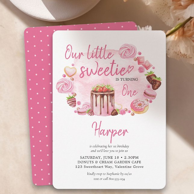 Little Sweetie Donuts and Sweets Girl 1st Birthday Invitation (Little Sweetie Girls Birthday Invitation)
