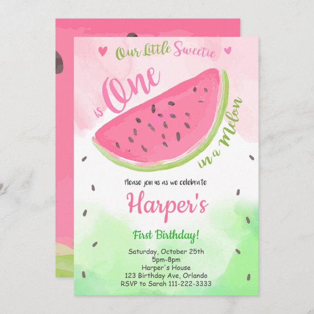 Little Sweetie One in a Melon Watermelon Invite (Front/Back)