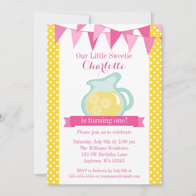 Little Sweetie Pink Lemonade Bunting Birthday Invitation (Front)