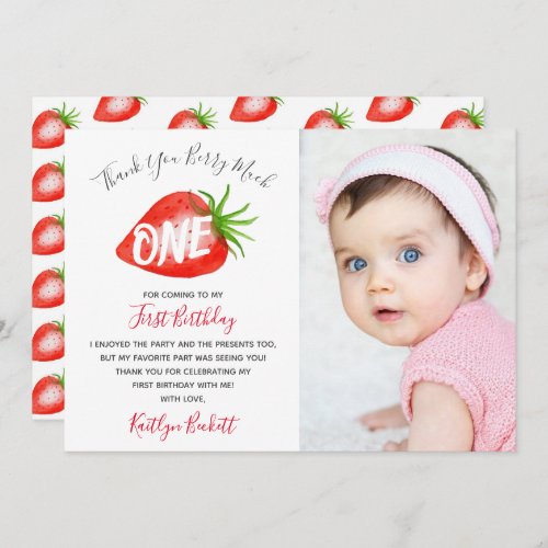 Little Sweetie Strawberry 1st Birthday Photo Thank You Card