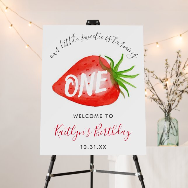 Little Sweetie Strawberry 1st Birthday Welcome Foam Board (In Situ (Stand))