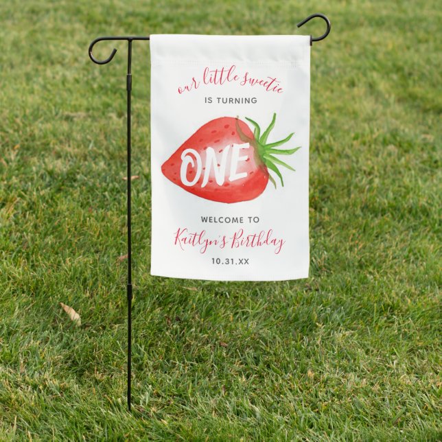 Little Sweetie Strawberry 1st Birthday Welcome Garden Flag (In SItu)